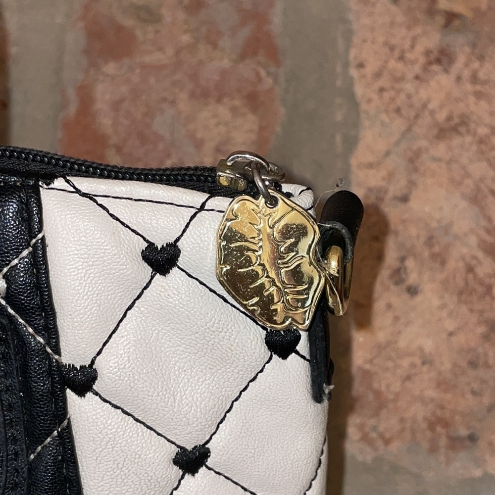 Luv Betsey by Betsey Johnson Black & White Quilt Pattern Embroidered Hearts Bag - Picture 3 of 8